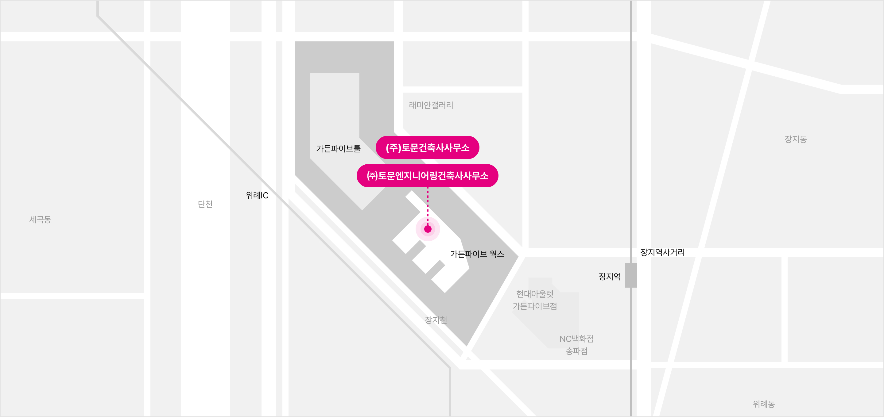 (주)토문건축사사무소 주변 오시는 길 지도. 장지역·가든파이브 웍스 인근 참고 이미지입니다.